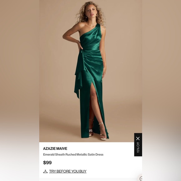 Azazie Emerald Sheath Ruched Metallic Satin Dress Size 8 - Picture 4 of 4